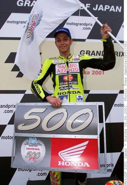 Quota 500 fu raggiunta da Valentino Rossi, con la vittoria in 500 a Suzuka nel 2001: fu la gara della gomitata di Biaggi e del dito medio di Valentino in risposta. Jamotte
